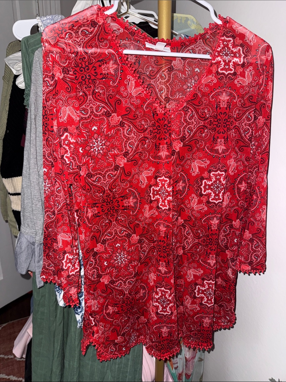 Charter Club Red Paisley Crochet-Trim Blouse